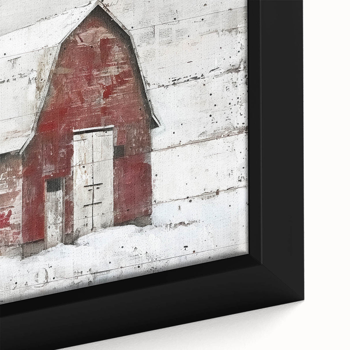 Framed canvas close-up of a rustic barn landscape wall art, showcasing vibrant colors and intricate details, perfect for farmhouse decor enthusiasts.