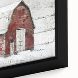 Framed canvas close-up of a rustic barn landscape wall art, showcasing vibrant colors and intricate details, perfect for farmhouse decor enthusiasts.