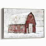 Framed landscape barn wall art featuring a rustic silver frame, showcasing a tranquil countryside scene with vibrant colors, perfect for home decor.