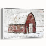 Framed landscape barn wall art in a white frame, showcasing a serene rural scene with a picturesque barn and green fields, perfect for home decor.