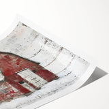 Rolled landscape barn wall art print featuring a rustic barn scene with vibrant green fields and a bright blue sky, elegantly packaged in a protective cardboard tube for easy display.