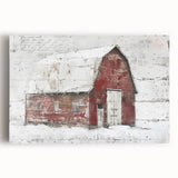 Stretched canvas wall art depicting a rustic barn landscape scene, featuring vibrant greens and blues, perfect for farmhouse decor. Ideal for adding charm to any room.