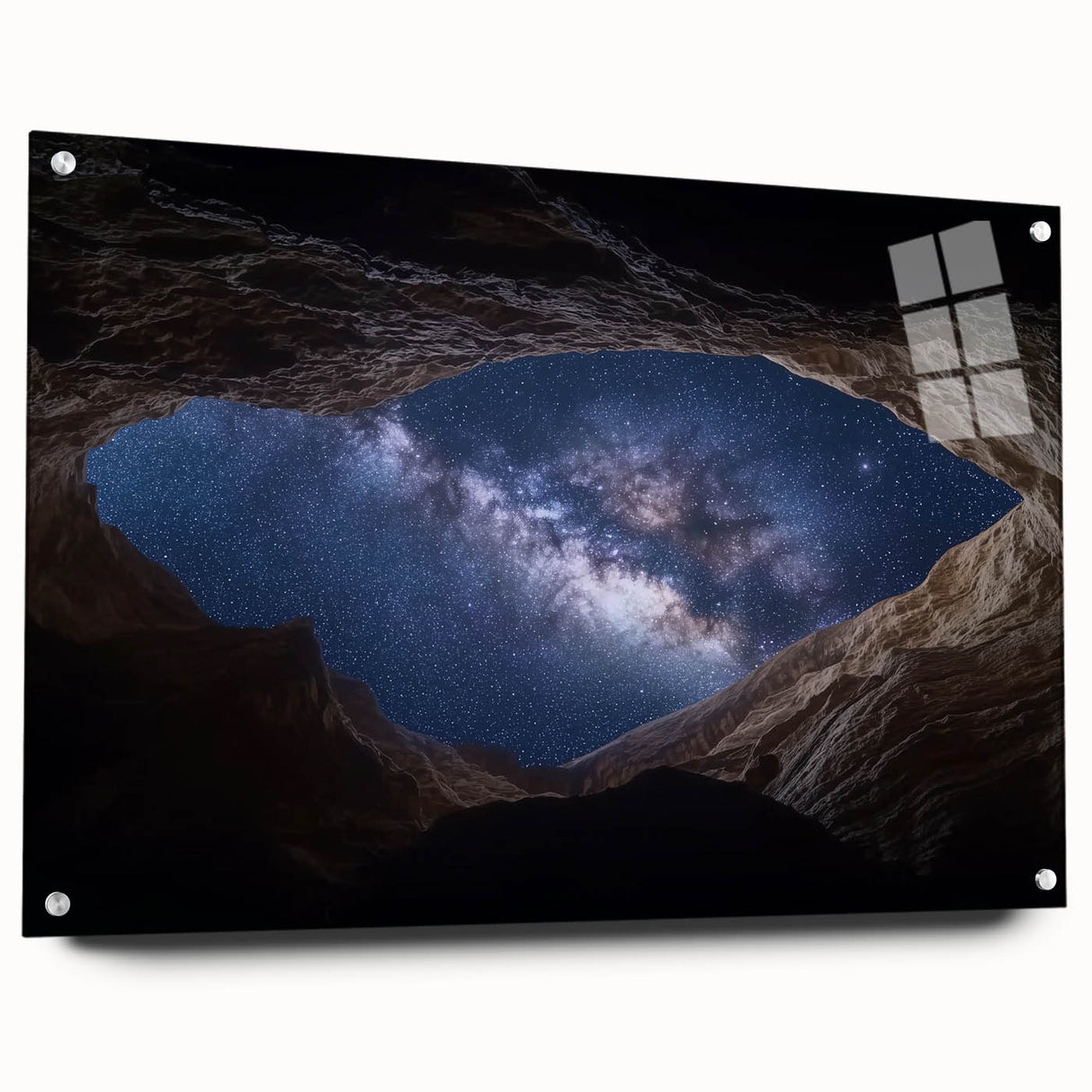 Acrylic landscape art print showcasing vibrant canyons in rich earth tones, displayed in a modern frame with stylish pins, perfect for home decor.
