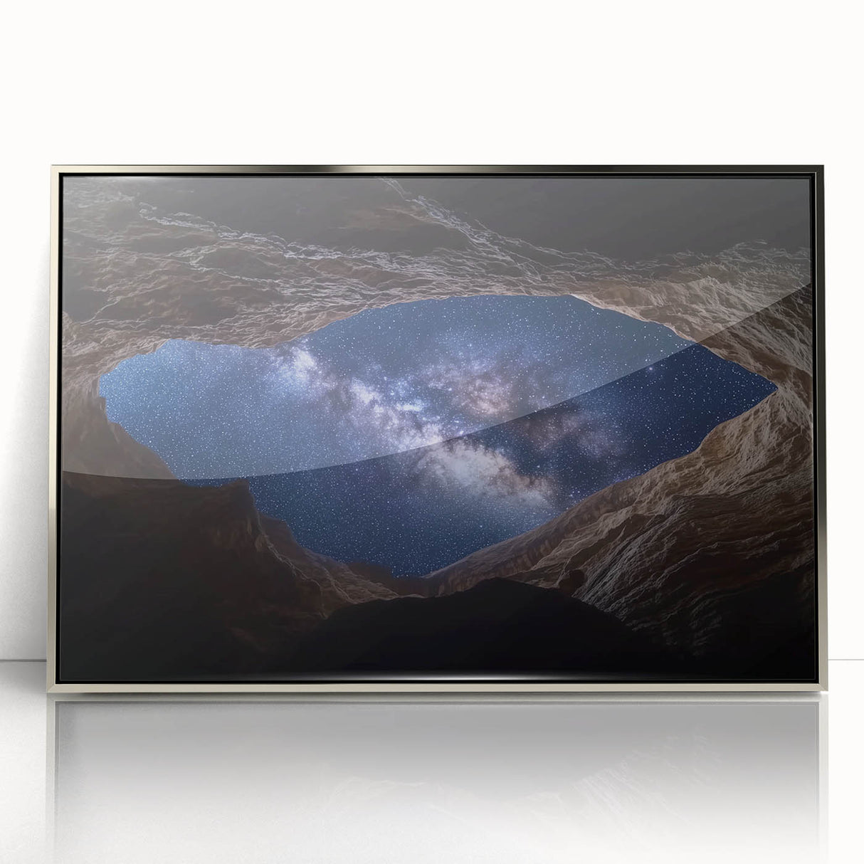 Framed acrylic artwork showcasing a stunning landscape of canyons in silver tones, perfect for enhancing modern home decor and creating a serene atmosphere.
