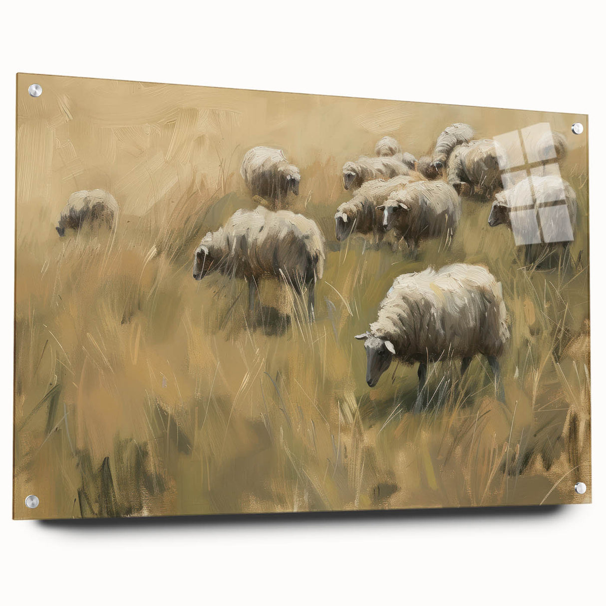 Acrylic glass landscape design showcasing vibrant colors, featuring a side view with decorative pins, ideal for modern home decor and artistic displays.