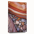 Desert landscape acrylic art piece viewed from the side, showcasing vibrant colors and fine details, secured with pins for display. Ideal for modern decor enthusiasts.
