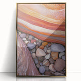 Desert landscape artwork in a gold-framed acrylic display, showcasing vibrant colors and intricate details, perfect for modern home decor or office spaces.