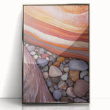 Framed acrylic artwork showcasing a stunning desert landscape with vibrant colors, silver frame accents, perfect for enhancing modern home decor.