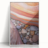 Framed acrylic artwork showcasing a vibrant desert landscape in warm tones, presented in a sleek white frame, ideal for modern home decor.