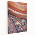 Desert landscape stretched canvas artwork showcasing vibrant hues of orange and purple, featuring serene sand dunes and a sunset backdrop, ideal for home decor.