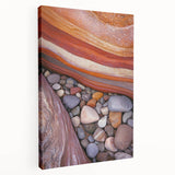 Desert landscape stretched canvas artwork showcasing vibrant hues of orange and purple, featuring serene sand dunes and a sunset backdrop, ideal for home decor.
