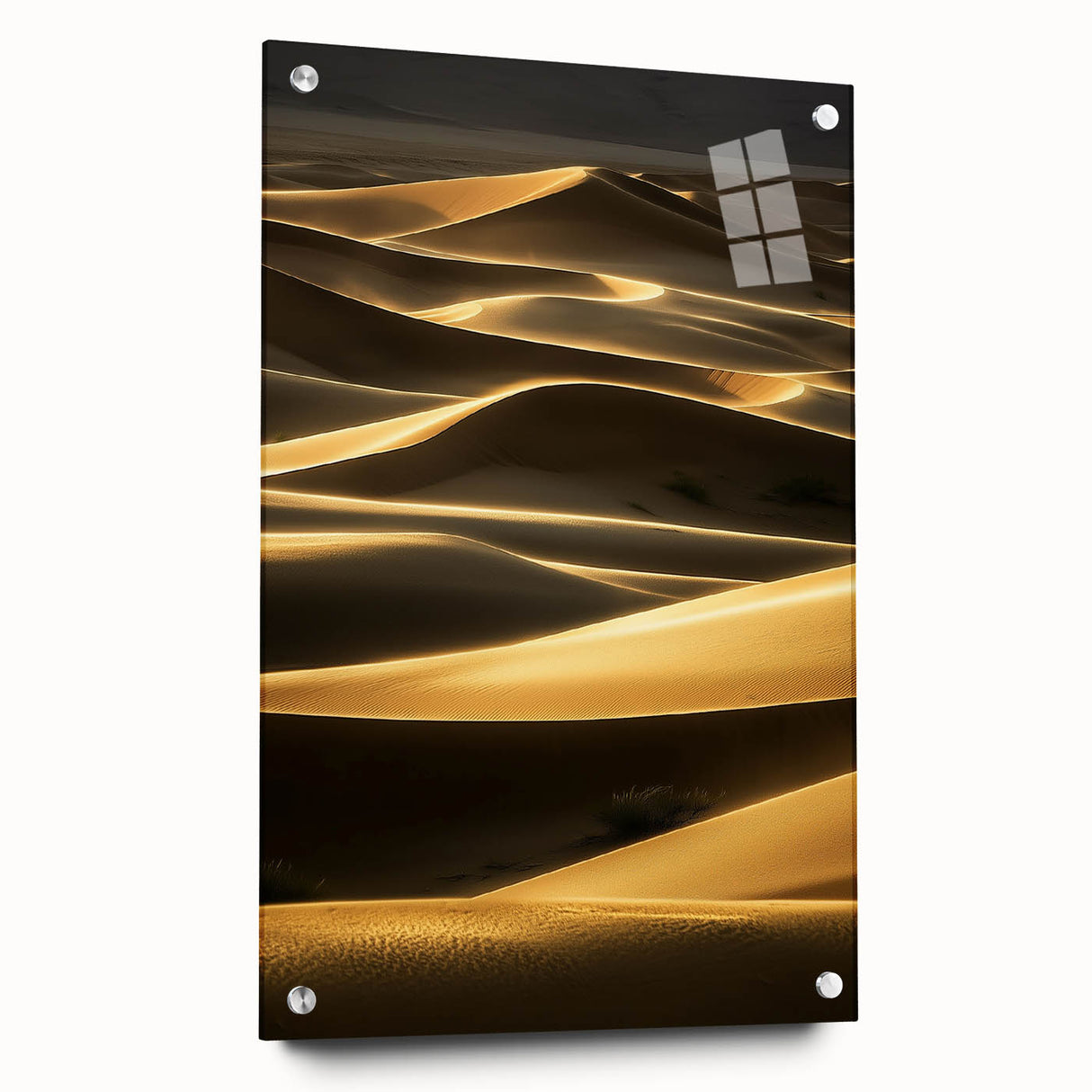 Acrylic glass artwork showcasing a stunning side view of abstract dunes in vibrant colors, elegantly pinned for display, perfect for modern home decor.