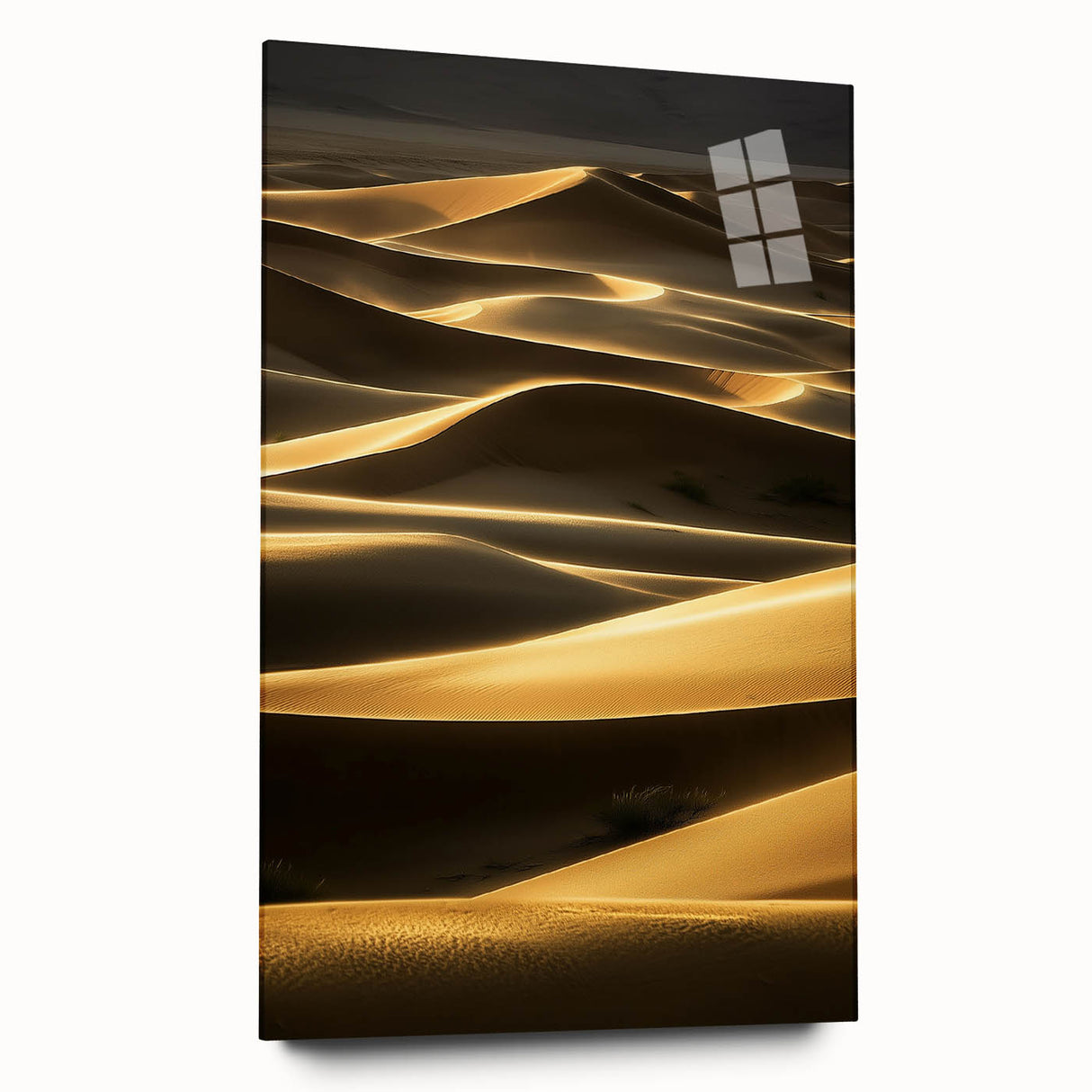 Acrylic glass landscape artwork depicting serene sand dunes in soft beige and golden tones, showcasing a side view that emphasizes texture and depth. Ideal for modern decor.