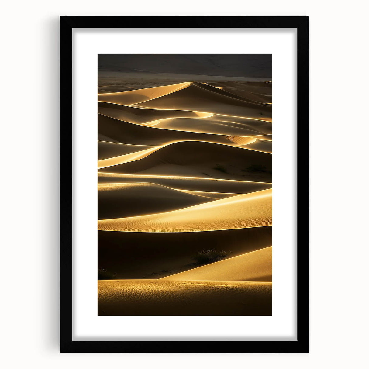 Framed landscape artwork showcasing serene dunes in natural hues, elegantly set in a black mat frame, ideal for home decor or office spaces.
