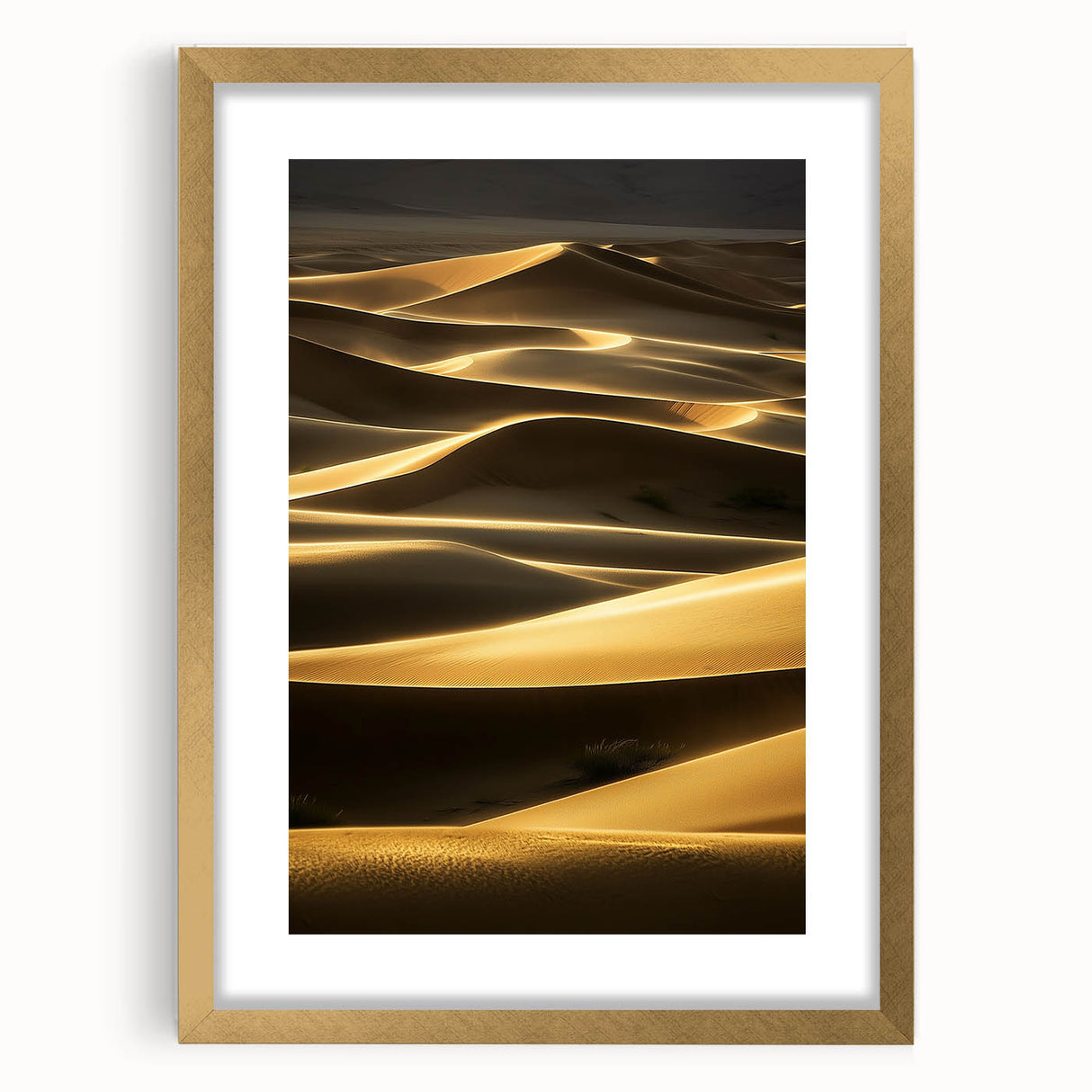 Framed landscape artwork showcasing serene sand dunes in a soft gold frame with a white mat, perfect for enhancing home decor and adding warmth to living spaces.
