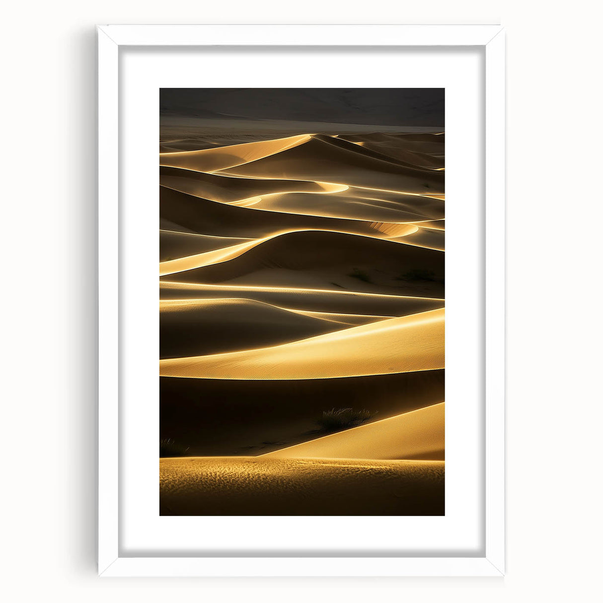 Framed landscape artwork depicting serene sand dunes, mounted with a white mat for an elegant presentation, ideal for enhancing home decor aesthetics.