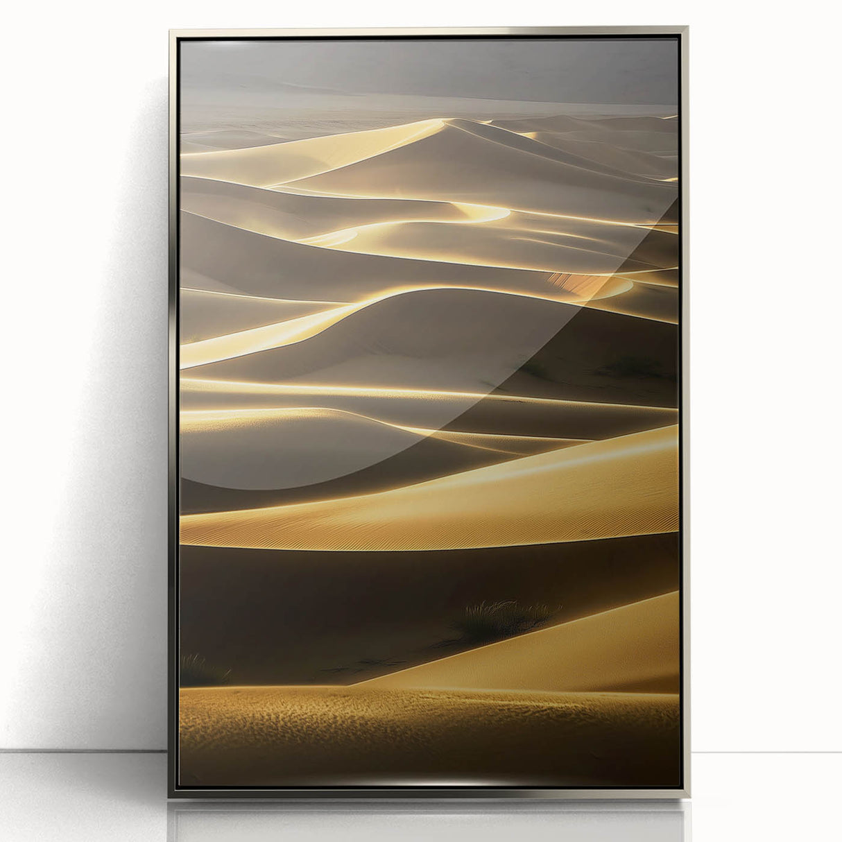 Framed acrylic artwork showcasing a stunning landscape of serene sand dunes in warm tones, designed for modern decor, enhancing any living space with elegance.