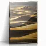 Framed acrylic artwork showcasing a stunning landscape of serene sand dunes in warm tones, designed for modern decor, enhancing any living space with elegance.