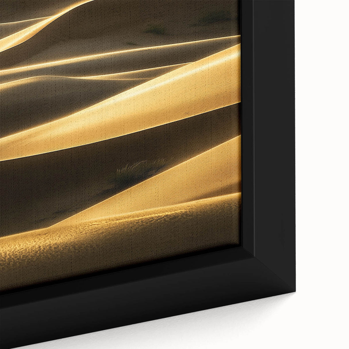 Close-up of a framed canvas showcasing a vibrant desert landscape with golden dunes and soft blue sky, perfect for modern home decor and art enthusiasts.