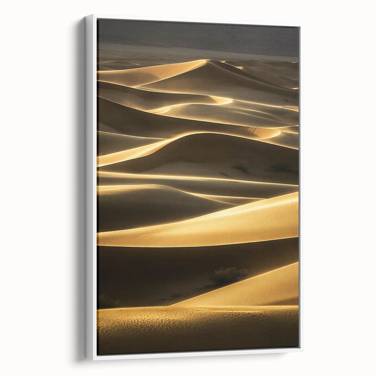 Framed canvas artwork showcasing serene sand dunes in a minimalist style, presented in a sleek white frame, ideal for modern home decor.