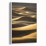 Framed canvas artwork showcasing serene sand dunes in a minimalist style, presented in a sleek white frame, ideal for modern home decor.