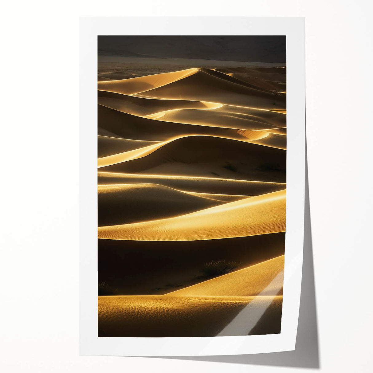 Rolled print showcasing a serene desert landscape with golden dunes under a blue sky, elegantly packaged in a protective cardboard tube for easy storage and transport. Perfect for art enthusiasts looking to enhance their home decor with nature-inspired artwork.