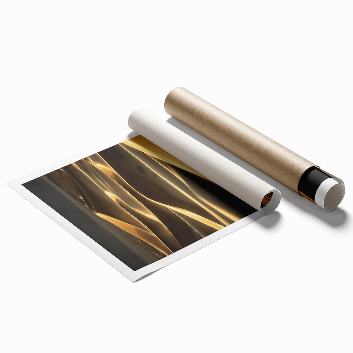 Sandy dunes landscape print, featuring soft golden and beige tones, elegantly rolled and packaged in a durable tube, ideal for home decor or artistic display.