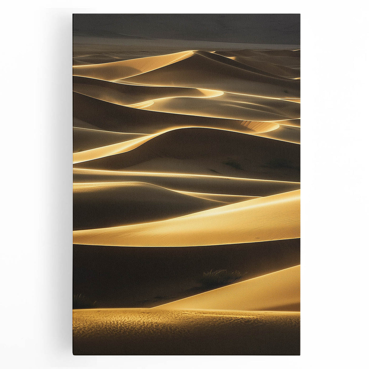 Stretched canvas artwork depicting serene desert dunes at sunset, showcasing soft gradients of orange and yellow hues against a tranquil sky, perfect for enhancing modern home decor.