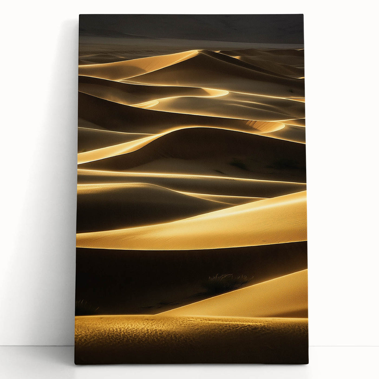 Stretched canvas artwork showcasing a serene desert landscape with rolling sand dunes, featuring warm golden and beige tones, ideal for modern home decor.