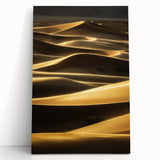 Stretched canvas artwork showcasing a serene desert landscape with rolling sand dunes, featuring warm golden and beige tones, ideal for modern home decor.