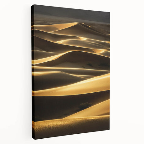 Stretched canvas artwork showcasing serene dunes landscape in warm tones, ideal for home decor. Side view highlights canvas depth and texture, enhancing aesthetic appeal.