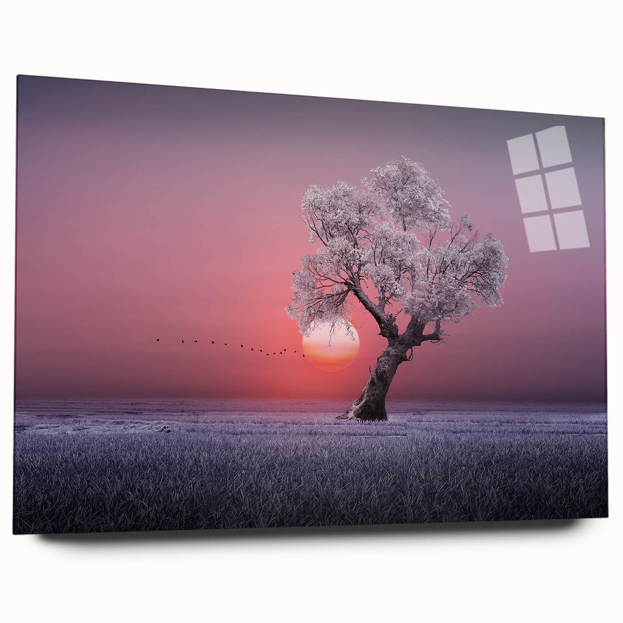 Acrylic glass artwork displaying a vibrant landscape scene with rolling fields, showcasing rich colors and textures from a side view, designed for modern home decor.