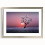 Elegant silver-framed landscape artwork featuring vibrant green fields and a serene sky, designed with a white mat for added depth and sophistication. Perfect for home decor.