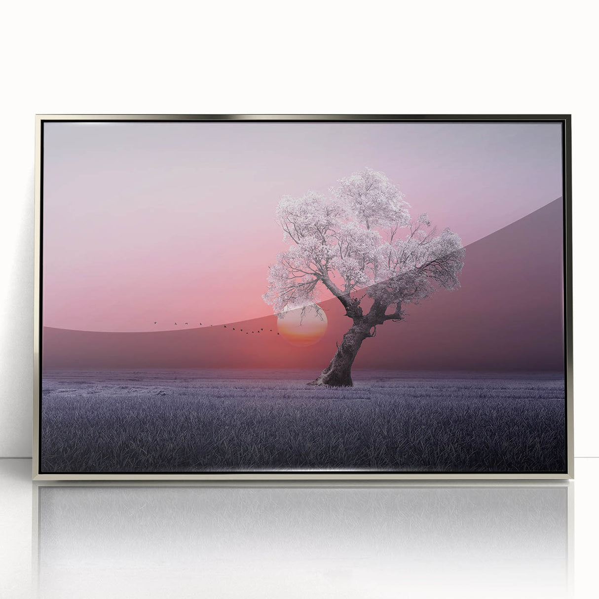 Framed acrylic art piece showcasing a serene landscape of rolling green fields under a clear blue sky, designed to enhance modern home decor with a touch of nature.