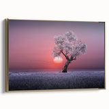 Framed canvas artwork showcasing a serene landscape of rolling fields in vibrant greens and golds, elegantly displayed with a sleek gold frame, perfect for home decor.