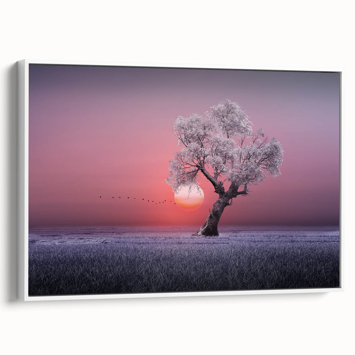 Framed canvas artwork showcasing a scenic landscape of vibrant green fields, designed to enhance home decor with a modern aesthetic; side view highlights the white frame.