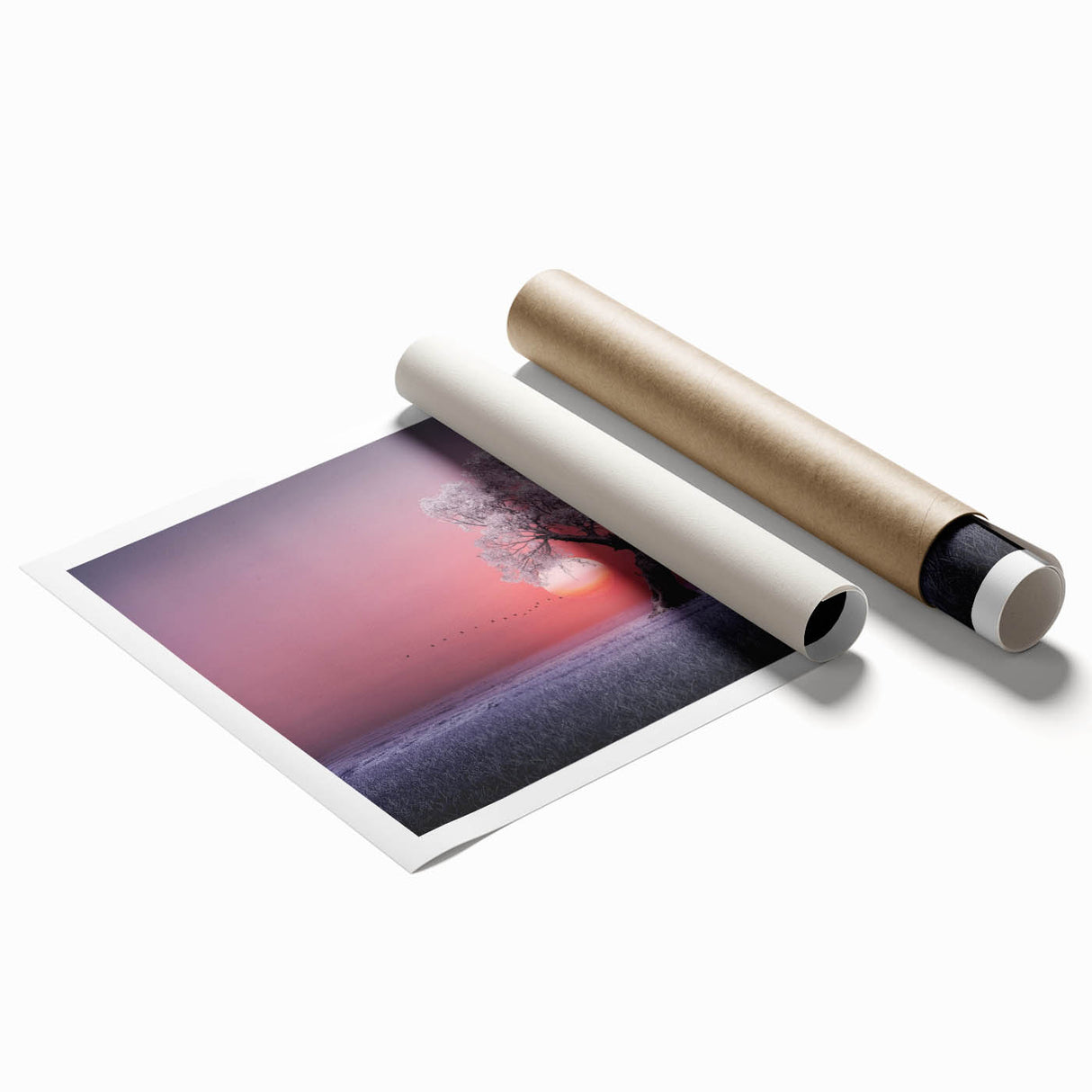 Vibrant landscape print showcasing rolling green fields under a bright blue sky, rolled and packaged in a durable tube for easy transport and display. Perfect for home decor or art enthusiasts looking to enhance their living spaces.