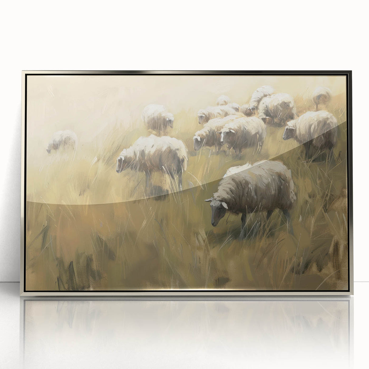 Framed acrylic print showcasing a vibrant landscape design in silver tones, elegantly displayed from the front view, perfect for modern home decor accentuating nature themes.