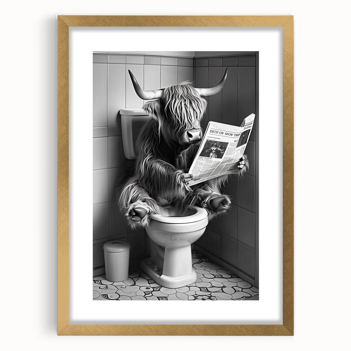 Highland Cow Bathroom Wall Art - Fun Black and White Decor