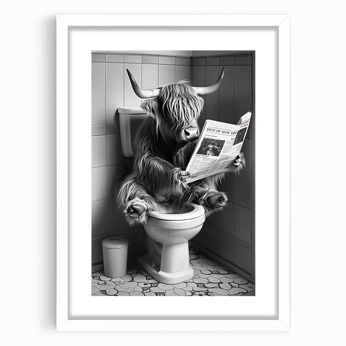 Highland Cow Bathroom Wall Art - Fun Black and White Decor