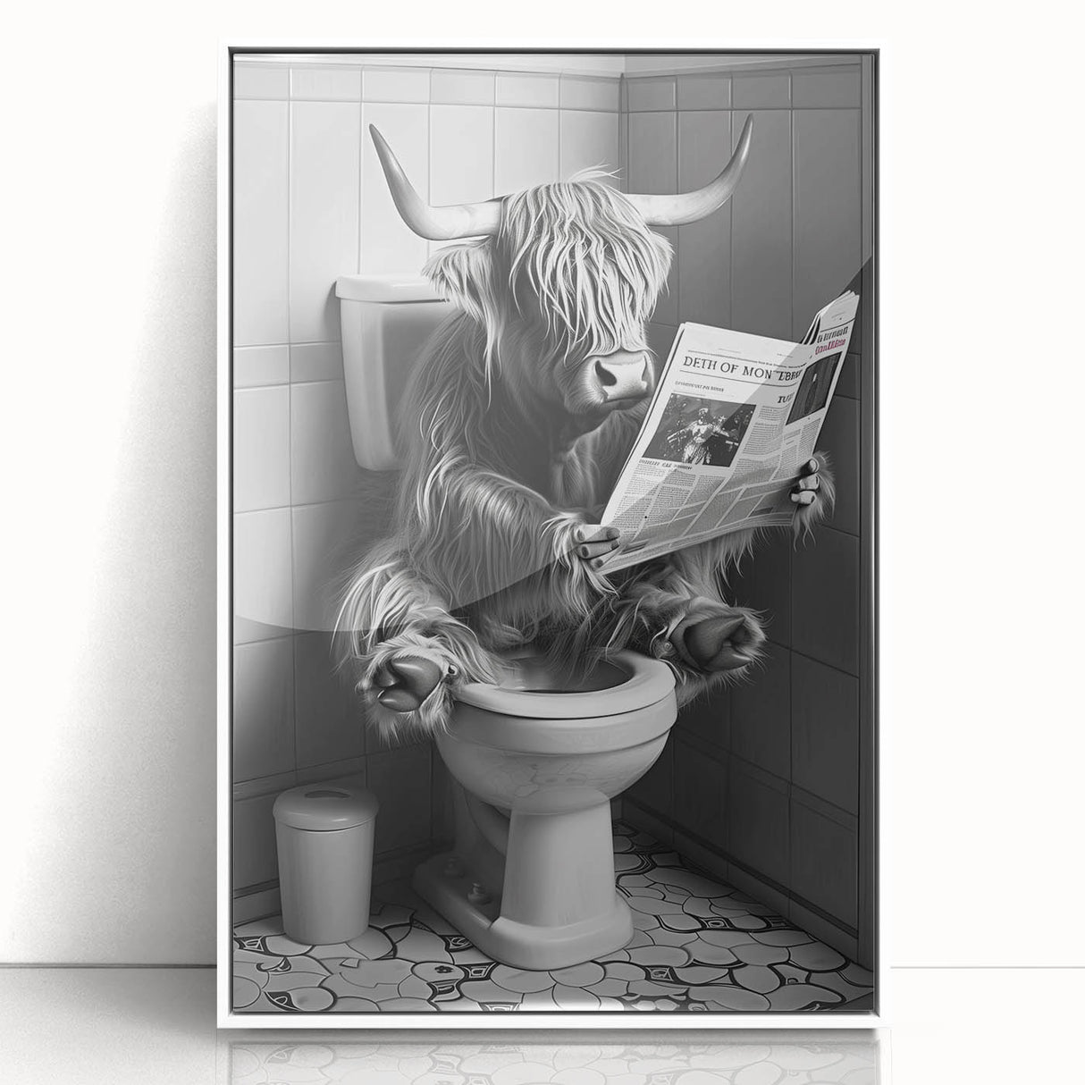 Highland Cow Bathroom Wall Art - Fun Black and White Decor