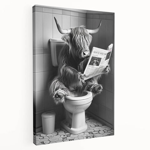 Highland Cow Bathroom Wall Art - Fun Black and White Decor