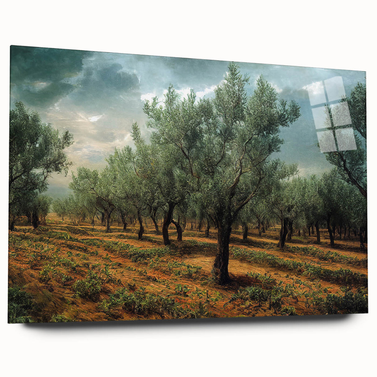 Large abstract wall art featuring a scenic European landscape on acrylic glass, ideal for bedroom or dining room decor.