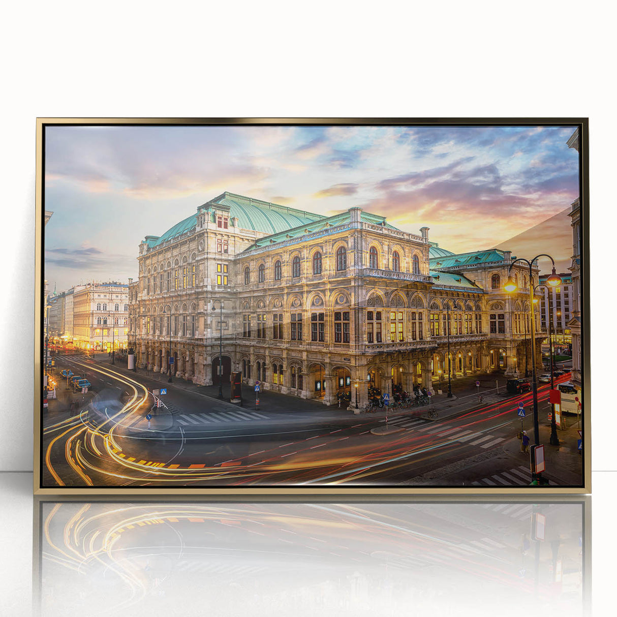 Art deco poster of a scenic European landscape in gold and blue tones, acrylic framed, ideal for modern art wall decor.