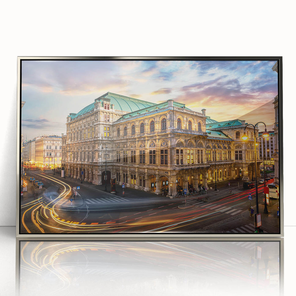 Large art print of a serene Austrian landscape in muted greens and blues, framed in silver acrylic.