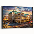Black and white wall art featuring a vintage poster-style landscape of an Austrian scenery on a framed canvas.