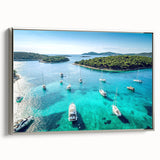 Framed canvas depicting a vintage-style landscape of a Croatian coastal town, with vibrant blue and green hues.