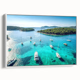 Vintage poster art of a Croatian landscape on a framed canvas, featuring vibrant colors, ideal for living room decor.