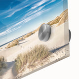 Large abstract wall art featuring a mid-century modernist style Danish scenery in muted earth tones on acrylic glass.