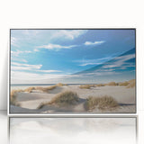 Mid-century modernist art depicting a serene Danish landscape in soft pastel shades on a framed acrylic print.